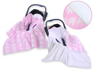 Big double-sided car seat blanket for babies - Elephants pink